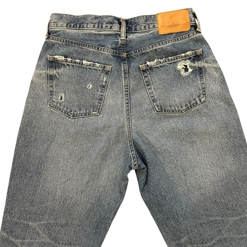 MOUSSY VINTAGE Women's Distressed Howa Jeans Raw Hem Button Fly Straight Blue 27